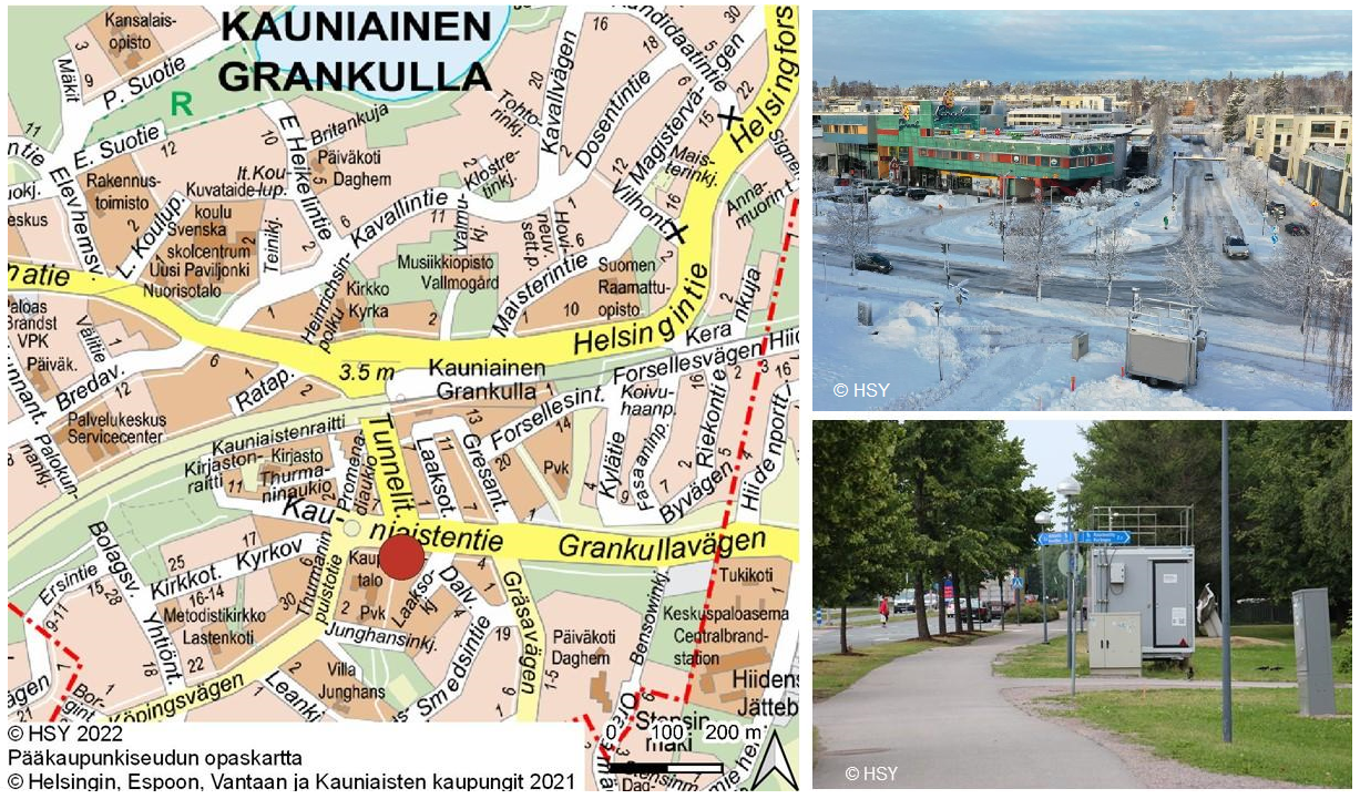 Kartta, johon punaisella ympyrällä havainnollistettu Kauniaisten mittausaseman sijainti ja valokuvia mittausympäristöstä. Mittausasema sijaitsee isojen katujen läheisyydessä. Paikka kuvattu liitteen kohdassa 19.10.