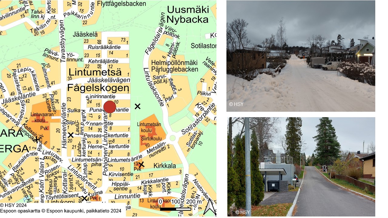 Mannerheimintien mittausaseman sijaintikartta ja kaksi valokuvaa