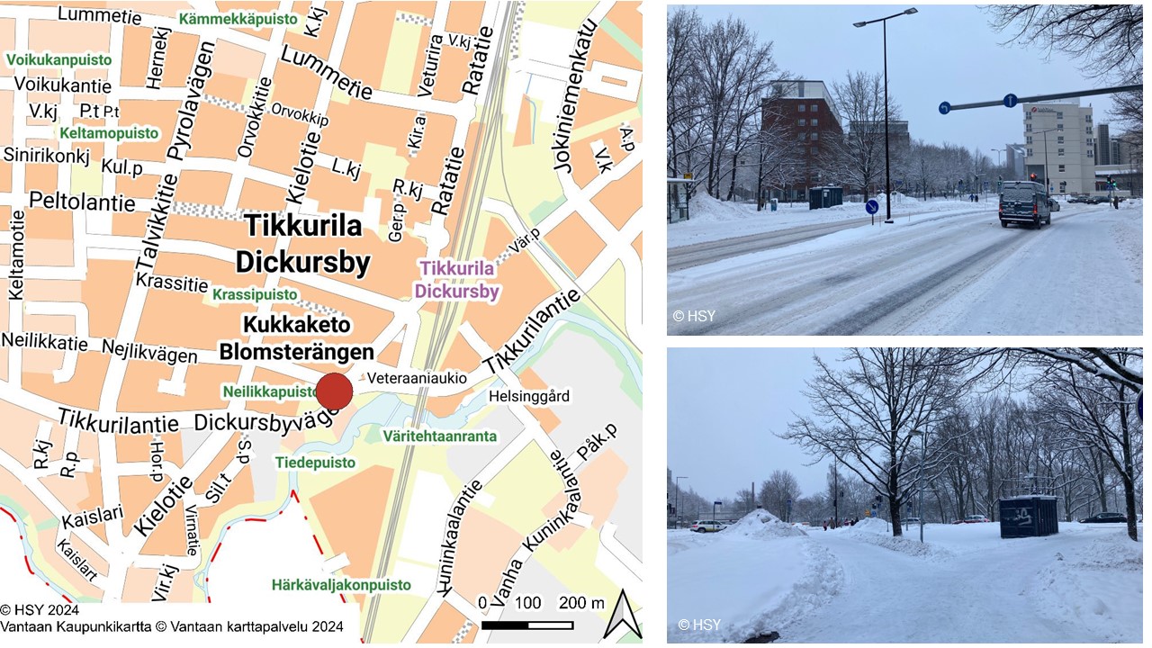 Tikkurilan mittausaseman sijaintikartta ja kaksi valokuvaa