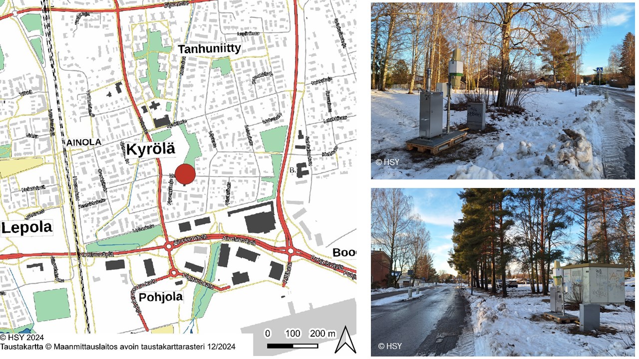 Kartta ja kaksi valokuvaa Järvenpään mittausasemasta