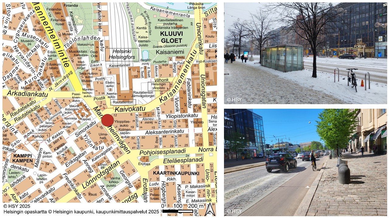 Mannerheimintien mittausaseman sijaintikartta ja kaksi valokuvaa