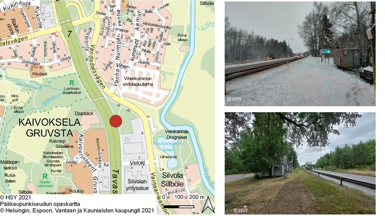 Hämeenlinnanväylän mittausaseman sijaintikartta ja kaksi valokuvaa
